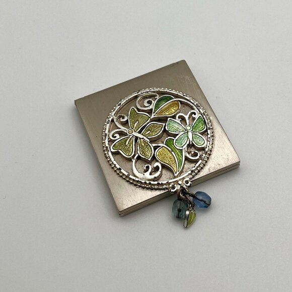 Vintage 70s Enamel Green Butterfly Compact Mirror Art Nouveau Boho Bead Charm - Picture 1 of 6